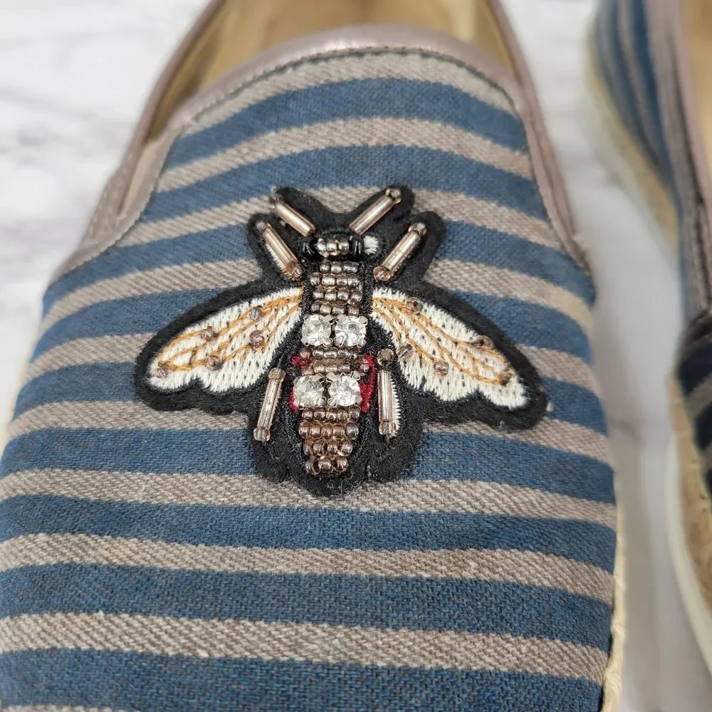Anne Klein Stripe Blue Canvas Espadrilles with Bee Beaded Embroidery Flats Shoes